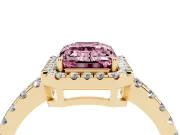 Fancy Pink Emerald Cut Diamond Halo Ring Set in Yellow gold with Delicate Pavé Band and Prong Setting