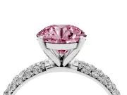 Fancy Pink Round Cut Diamond Solitaire Ring Set in White gold with Prong Setting and Pavé-Set Band