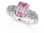 Fancy Pink Emerald Cut Diamond Cluster Engagement Ring Set in Silver with Pavé Band and Prong Setting