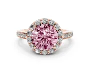 Fancy Pink Round Cut Diamond Floral Halo Ring Set in Rose gold with Pavé Band and Prong Setting