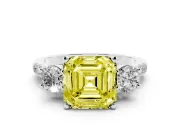 Fancy Yellow Three-Stone Asscher Cut Diamond Pavé Band Ring Set in Platinum with Prong-Set Trio