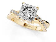 Princess Cut Diamond Twist Band Solitaire Set in Yellow gold with Pavé Accents and Prong Setting