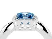 Fancy Blue Asscher Cut Diamond Halo Engagement Ring Set in White gold with Plain Split Shank and Prong Setting