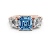 Asscher Cut Three Stone Engagement Ring Setting for a Fancy Blue Lab-Grown Diamond | Accented Shoulders | Rose Gold
