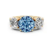 Round Three Stone Engagement Ring Setting for a Fancy Blue Lab-Grown Diamond | Accented Shoulders | Yellow Gold