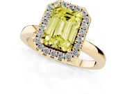 Fancy Yellow Emerald Cut Diamond Halo Solitaire Ring Set in Yellow gold with Pavé Band and Prong Setting