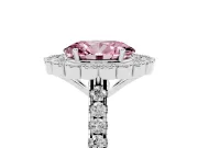 Fancy Pink Oval Cut Diamond Milgrain Floral Halo Engagement Ring Set in Silver with Pavé Band