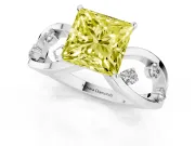 Fancy Yellow Princess Cut Diamond Solitaire Ring Set in Silver with Side Stones on Criss-Cross Band and Prong Setting