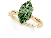 Fancy Green Marquise Cut Diamond Solitaire Ring Set in Yellow gold with Twisted Band and Bead Prong Setting