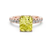 Fancy Yellow Radiant Cut Diamond Pavé Solitaire Ring Set in Rose gold with Round Band and Prong Setting