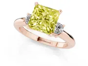 Fancy Yellow Three-Stone Princess Cut Diamond Ring Set in Rose gold with Prong Setting and Plain Band