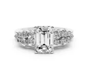 Emerald Cut Diamond Cluster Engagement Ring Set in Silver with Pavé Band and Prong Setting