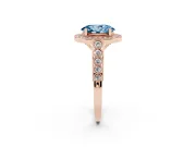 Fancy Blue Oval Cut Diamond Milgrain Halo Solitaire Ring Set in Rose gold with Bezel Set Side Stones and Pavé Band