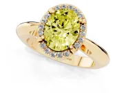 Fancy Yellow Oval Cut Diamond Halo Engagement Ring Set in Yellow gold with Plain Split Shank and Prong Setting