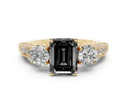 Emerald Cut Vintage Three Stone Engagement Ring Setting for a Black Center | Graduated Milgrain Pavé | Yellow Gold