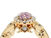 Fancy Pink Marquise Cut Diamond Halo Ring Set in Yellow gold with Milgrain Pavé Band and Prong Setting