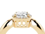Oval Cut Diamond Halo Engagement Ring Set in Yellow gold with Plain Split Shank and Prong Setting