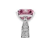 Fancy Pink Asscher Cut Diamond Solitaire Engagement Ring Set in Platinum with Multi-Row Round Pavé Band and Prong Setting