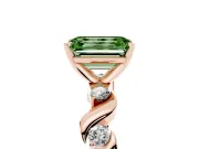 Fancy Green Emerald Cut Diamond Solitaire Ring Set in Rose gold with Ribbon Twist Band, Round Accents and Prong Setting