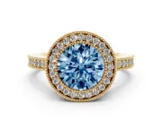Round Milgrain Halo Engagement Ring Setting for a Fancy Blue Lab-Grown Diamond | Pave Band | Yellow Gold