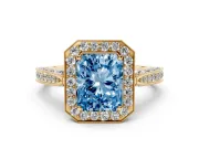 Radiant Cut Milgrain Halo Engagement Ring Setting for a Fancy Blue Lab-Grown Diamond | Side Stones | Yellow Gold