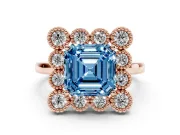 Asscher Cut Milgrain Cluster Halo Engagement Ring Setting for a Fancy Blue Lab-Grown Diamond | Plain Band | Rose Gold