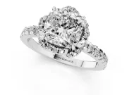 Cushion Cut Diamond Halo Pavé Band Ring Set in Platinum with Prong-Held Center