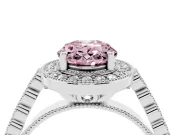 Fancy Pink Oval Cut Diamond Milgrain Halo Solitaire Ring Set in White gold with Bezel Set Side Stones and Pavé Band