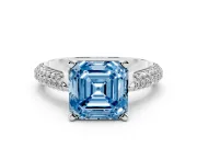 Fancy Blue Asscher Cut Diamond Solitaire Engagement Ring Set in Platinum with Multi-Row Round Pavé Band and Prong Setting