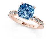 Fancy Blue Cushion Cut Diamond Pavé Band Solitaire Set in Rose gold with Prong Setting