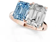 Fancy Blue Emerald Cut and Emerald Cut Toi Moi Ring Set in Rose gold with Prong Setting