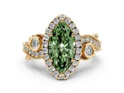 Fancy Green Marquise Cut Diamond Halo Ring Set in Yellow gold with Milgrain Pavé Band and Prong Setting