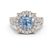 Round Halo Engagement Ring Setting for a Fancy Blue Lab-Grown Diamond | Side Clusters | Rose Gold