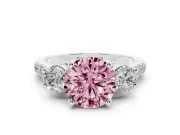 Fancy Pink Three-Stone Round Cut Diamond Pavé Band Ring Set in Silver with Prong-Set Trio