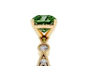 Fancy Green Cushion Cut Diamond Solitaire Engagement Ring Set in Yellow gold with Milgrain Bezel Accent Band