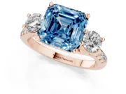 Fancy Blue Three-Stone Asscher Cut Diamond Pavé Band Ring Set in Rose gold with Prong-Set Trio