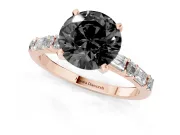 Fancy Black Round Cut Diamond Solitaire Set in Rose gold with Side Baguettes and Channel Set Band