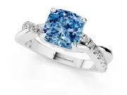 Fancy Blue Cushion Cut Diamond Twist Band Solitaire Set in Platinum with Pavé Accents and Prong Setting