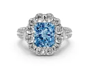 Fancy Blue Radiant Cut Diamond Halo Engagement Ring Set in Silver with Split Shank and Prong Setting