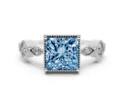 Fancy Blue Princess Cut Diamond Vintage-Inspired Milgrain Ring Set in Silver with Marquise Stations of Round Accents