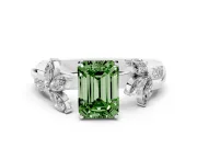 Fancy Green Emerald Cut Diamond Floral Vine Solitaire Engagement Ring Set in Platinum with Marquise Leaves