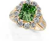 Fancy Green Radiant Cut Diamond Halo Engagement Ring Set in Yellow gold with Split Shank and Prong Setting