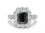 Fancy Black Radiant Cut Lab-Grown Diamond Halo Pavé Engagement Ring Set in White Gold with Milgrain Detailing