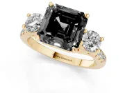 Fancy Black Three-Stone Asscher Cut Diamond Pavé Band Ring Set in Yellow gold with Prong-Set Trio