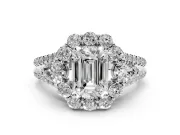 Emerald Cut Scalloped Halo Engagement Ring Setting | Pear Side Stones | Platinum