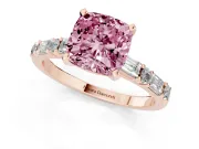 Fancy Pink Cushion Cut Diamond Solitaire Set in Rose gold with Side Baguettes and Channel Set Band