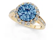 Fancy Blue Round Cut Diamond Floral Halo Ring Set in Yellow gold with Pavé Band and Prong Setting