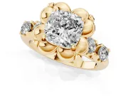 Cushion Cut Floral Engagement Ring Setting | Petal Frame and Side Stones | Yellow Gold
