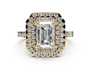 Emerald Cut Double Halo Engagement Ring Setting | Pave Shoulders | Yellow Gold