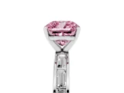 Fancy Pink Cushion Cut Diamond Solitaire Ring Set in Platinum with Channel-Set Baguette Band and Prong Setting
